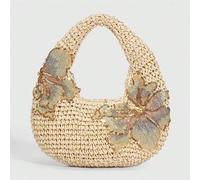 1 Stück modische Frühlings-Sommer Pailletten Blumen Urlaub Stil Halbmond Tasche, Stroh Strandtasche, lässige Handtasche, tropische Blumen Seestern Mus