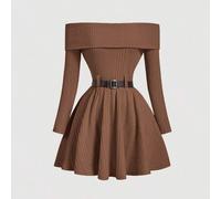1 Stück Off-Shoulder Langarm-Kleid mit geraffter Taille und ausgestelltem Rock, Kaffeebraun, Herbst, elegant, Date, Festival-Fotoshooting, elegante Pa