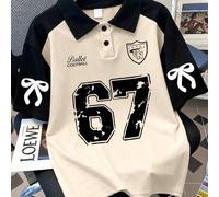 1 Stück Polokragen Kurzarm T-Shirt für Teenager Mädchen, mit 67 Nummer und Schleife Muster, locker sitzender lässiger Sportshirt, perfektes Sommergesc
