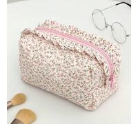 1 Stück rosa Rosen gerüschte Spitze gesteppte Kosmetiktasche, tragbare Reise Make-up Tasche mit großem Reißverschluss, rosa kariertes Futter, kann als