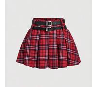 1 Stück rot-schwarzer karierter plissierter Minirock mit niedriger Taille, inklusive 2 Stück Ledergürtel, Urlaubsrock, Damen Outfit