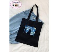1 Stück schwarze modische Damen Segeltuch Tragetasche mit Katzen- und Sternenhimmel Motiv, tragbare Einkaufstasche für die Reise. Leicht, tragbar, gro