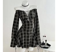 1 Stück schwarzes kariertes Kleid mit Schulterausschnitt, Bindedetail und weitem Saum, lässiger vintage romantischer Stil für Damen, Herbst/Winter