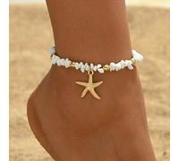 1 Stück Strandurlaubs-Stil weißer Türkis-Fußkette, modischer Perlen-Metall-Seestern-Anhänger Fußschmuck, geeignet für den täglichen und Urlaubsgebrauc