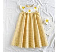 1 Stück süßes und niedliches Mädchenkleid mit Gelb Ente Stickerei, kariertes ärmelloses A-Linien Kleid, locker und bequem sitzend, geeignet für täglic