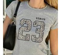 1 Stück Teenager Mädchen Stil Leoparden Muster Nummer Teenager T-Shirt für Mädchen, "23+GENIUS" Slogan Crop Stil, weiches und bequemes Gewebe hautfreu