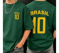 1 Stück Tween Jungen Sommer Kurzarm T-Shirt, Dunkelgrün BRASIL Brasilien Team Schriftzug Rücken Große Nummer 10 Muster, Mittlere Große Kinder Lässig S