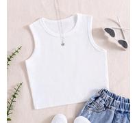 1 Stück Tween-Mädchen Tanktop, Lässig, einfarbig weiß, mit geripptem Rundhalsausschnitt, aus Strick