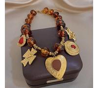 1 Stück Vintage Boho Bernstein Perlen Multi-Element Herz Anhänger Edelstahl Halskette, Für Frauen, Party, Alltag, Geburtstagsgeschenke, Halloween/Weih
