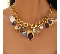1 Stück Vintage übertriebene kreative geometrische Kunstperle Herz Faux-Rubin Laterne Multi-Element Anhänger Halskette, luxuriöse elegante Faux-Edelst
