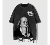 1 Stück Vintage Washed Benjamin Franklin Grafik T-Shirt, Street-Style "Geld ist alles" Slogan Kurzarm Lässig Top, Unisex geeignet für täglichen Tragen
