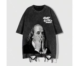 1 Stück Vintage Washed Benjamin Franklin Grafik T-Shirt, Street-Style "Geld ist alles" Slogan Kurzarm Lässig Top, Unisex geeignet für täglichen Tragen