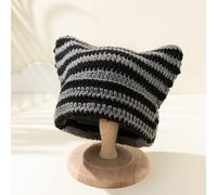 1 Stück Y2K Damen gestrickte Mütze mit Kätzchen-Ohren in Streifenmuster, warm, windabweisend, süßes und witziges Halloween Weihnachtsgeschenk