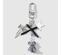 1 Stück Y2K stylische hochwertige silberne Sternkette mit schwarzem Satinband, Glasstrassstein-Schleife und Teddy-Bär-Anhänger als Schlüsselanhänger,