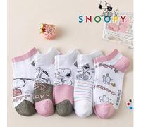 10/5/1 Paar authentische Snoopy Socken Kollektion, Damen Kurzsocken mit Charlie Brown Hund Ausdruck & Buchstaben Muster, Rosa & Grau Kontrast Farbe Ca