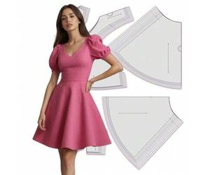 10 Größen (XXS-5XL) Mehrgrößen Rose Pink strukturiertes V-Ausschnitt Puffärmel Skaterkleid Schnittmuster, Schnittmuster für Frauen, einfache Schnittmu