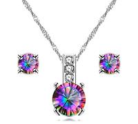 10 mm künstlicher mystischer Topas, Regenbogenherz, Zirkonia, Solitär-Anhänger, Halskette, Ohrstecker-Set, Metall, Zirkonia