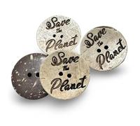 10 Stück echte Kokosnussknöpfe natürlich Knopf mit Schrift Save the Planet 2 Löcher zum Annähen (20mm)