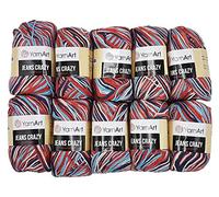 10 x 50g Strickwolle YarnArt Jeans Crazy mit 55% Baumwolle, 500 Gramm Wolle mit Farbverlauf mehrfarbig (blau rot weiß 7208)
