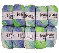 10 x 50g Strickwolle YarnArt Jeans Crazy mit 55% Baumwolle, 500 Gramm Wolle mit Farbverlauf mehrfarbig (grün blau creme 8208)