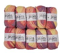 10 x 50g Strickwolle YarnArt Jeans Crazy mit 55% Baumwolle, 500 Gramm Wolle mit Farbverlauf mehrfarbig (flieder rosa creme 8206)