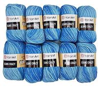 10 x 50g Strickwolle YarnArt Jeans Crazy mit 55% Baumwolle, 500 Gramm Wolle mit Farbverlauf mehrfarbig (blau türkis mint 8212)