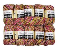 10 x 50g Strickwolle YarnArt Jeans Crazy mit 55% Baumwolle, 500 Gramm Wolle mit Farbverlauf mehrfarbig (rosa grün 7206)