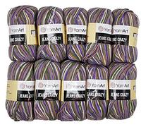 10 x 50g Strickwolle YarnArt Jeans Crazy mit 55% Baumwolle, 500 Gramm Wolle mit Farbverlauf mehrfarbig (flieder grün beige weiß 7207)
