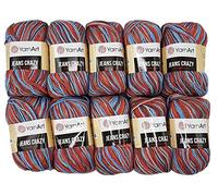 10 x 50g Strickwolle YarnArt Jeans Crazy mit 55% Baumwolle, 500 Gramm Wolle mit Farbverlauf mehrfarbig (lila orange blau 8214)