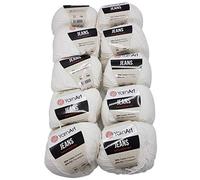 10 x 50g Strickwolle YarnArt Jeans einfarbig mit 55% Baumwolle, 500 Gramm Wolle uni (weiß 62)