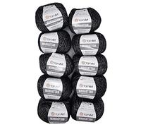 10 x 50g YarnArt Manhattan Viscose - Garn mit Glitzer, 500 Gramm Metallic-Wolle, Effektwolle (schwarz silber 915)