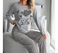 100% Baumwolle Damen 2-teiliges ärmelloses hellgrau-beiges Schlafshirt mit Tiermuster, Herz-Cartoon-Muster, elastischem Bund, lockerer Lounge-Schnitt,