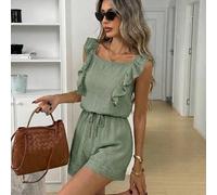 100% Baumwolle lässig Jumpsuit mit Quadratausschnitt, Puffärmel, Träger, strukturierter Crêpe-Stoff, entspannter & eleganter Pendler-Stil, geeignet fü
