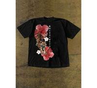 100% cotton t-shirt,Men's Japanese Tiger & Red Hibiscus Flower Graphic Print T-Shirt, Traditional Art Casual Short Sleeve Streetwear Top