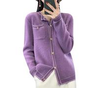 100% Merinowolle Crewneck Cardigan Pullover Damen Solid Soft Strickpullover Mantel Kaschmir Pullover, violett, L