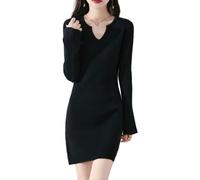 100 % Merinowolle, Pulloverkleid, Damen, Trompetenärmel, schmal, eng, gestrickt, V-Ausschnitt, Pullover, Herbst, Winter, mittellange Oberteile, Schwarz, X-Groß