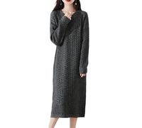100 % Merinowolle Pulloverkleid für Damen, langärmelig, gestrickt, Rundhalsausschnitt, Twists, Pullover, Herbst, Winter, lockeres langes Oberteil, grau dunkel, Groß