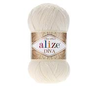 100 % Mikrofaser-Acryl, Alize, Diva-Seideneffekt, Stricken, Sport, Häkelgarn, 4 Knäuel, 400 g, 1532 m, Farbe: 62 Hellcreme