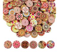 100 Stück Bunte Holzknöpf, Bunte Retro Harz HolzknöPfe, Knöpfe zum Annähen, NäHen KnöPfe Blume Malerei Geometrishes Muster, Mit 2 LöCher für NäHen DIY Basteln Handwerk Deko (15mm)