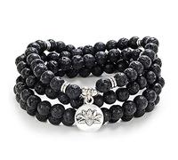 108 Perlen Mala Armband Halskette mit Lotus Charm und 6 mm kleinen Steinperlen (Schwarzer Lavastein (Black Lava Stone))