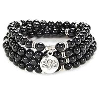 108 Perlen Mala Armband Halskette mit Lotus Charm und 6 mm kleinen Steinperlen (Schwarzer Onyx-Achat (Black Onyx Agate))