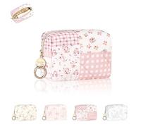11 * 5,5 * 8,5cm Mini Kosmetiktasche Make up Tasche Kleine Schminktasche Mädchen aus Polyester mit Baumwolle für Lippenstift Reisezubehör-Organizer Mini Kulturbetuel Freundin(Rosa-Blumen)