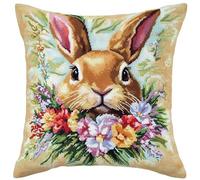 11CT Kreuzstich Kissen Set, Blumen und Kaninchen Stickkissen Mit Stickgarn 45X45cm Kreuzstichkissen Set zum Basteln Stickkissen Stickpackung mit Vorgedruckt Kreuzstichmotiv