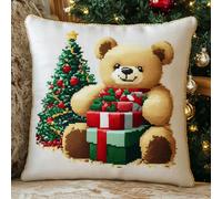 11CT Kreuzstich Kissen Set, Süßer Bär und Weihnachtsbaum Stickkissen Mit Stickgarn 45X45cm Kreuzstichkissen Set zum Basteln Stickkissen Stickpackung mit Vorgedruckt Kreuzstichmotiv