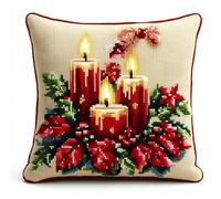 11CT Kreuzstich Kissen Vorgedruckt, Weihnachtskerzen Stickkissen mit Muster 45X45cm Stickset für Kreuzstichkissen Kreuzstich Kissen zum Basteln Stickkissen Stickpackung