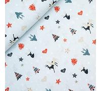 12,90 /m Weihnachtsstoff zum Nähen | Popeline Baumwolle Stoff | Muster Wichtel Tannen | Dekostoff Weihnachten Meterware (Hirsche hellblau)