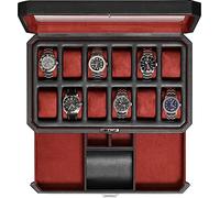 12-Fach-Leder-Uhrenbox mit Valet-Schublade - 12-Fach-Luxus-Uhrenetui, Display-Organizer, Microsuede-Einlage, Herren-Accessoires-Halter, Schmuckkästchen, Schmuck-Display-Organizer(Schwarz/Rot)