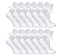 12 Paar Multipack White Frilly Lace Socken | 7 Größen | Sock Snob | Girls Cute Cotton Rich School Socken - Weiß 4-6A / 104-116cm
