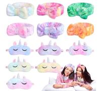 12-teiliges Sleepover-Spaß-Set, Schleifen-Stirnbänder und niedliche Tier-Schlafmasken, Plüsch-Augenabdeckungen und Gesichtswasch-Stirnbänder für Damen und Mädchen