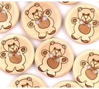12 wunderschöne Holzknöpfe rund natur mit Teddy-Aufdruck- 15mm 2 Löcher zum aufnähen annähen DIY Handarbeit Scrapbooking für Kinderkleidung Jacken Mützen Strampler